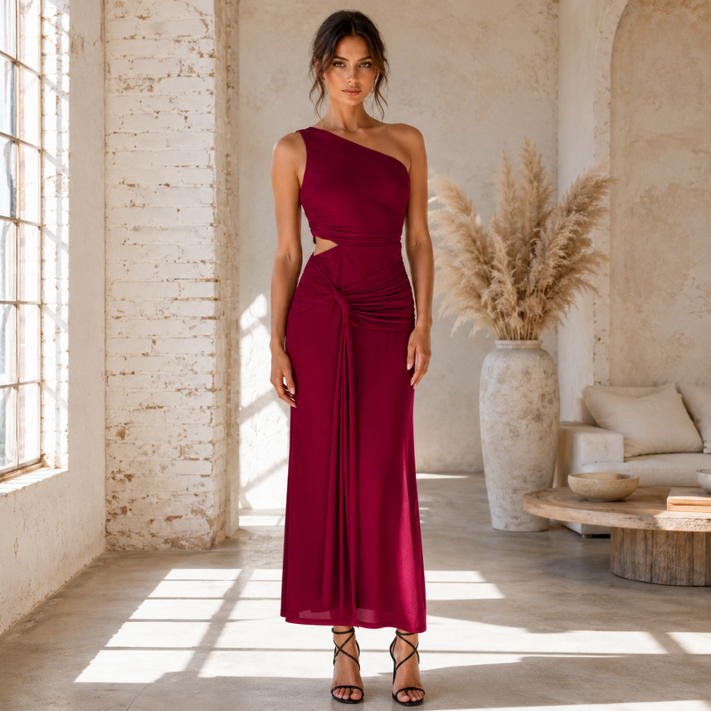 Crimson Allure One-Shoulder Gown