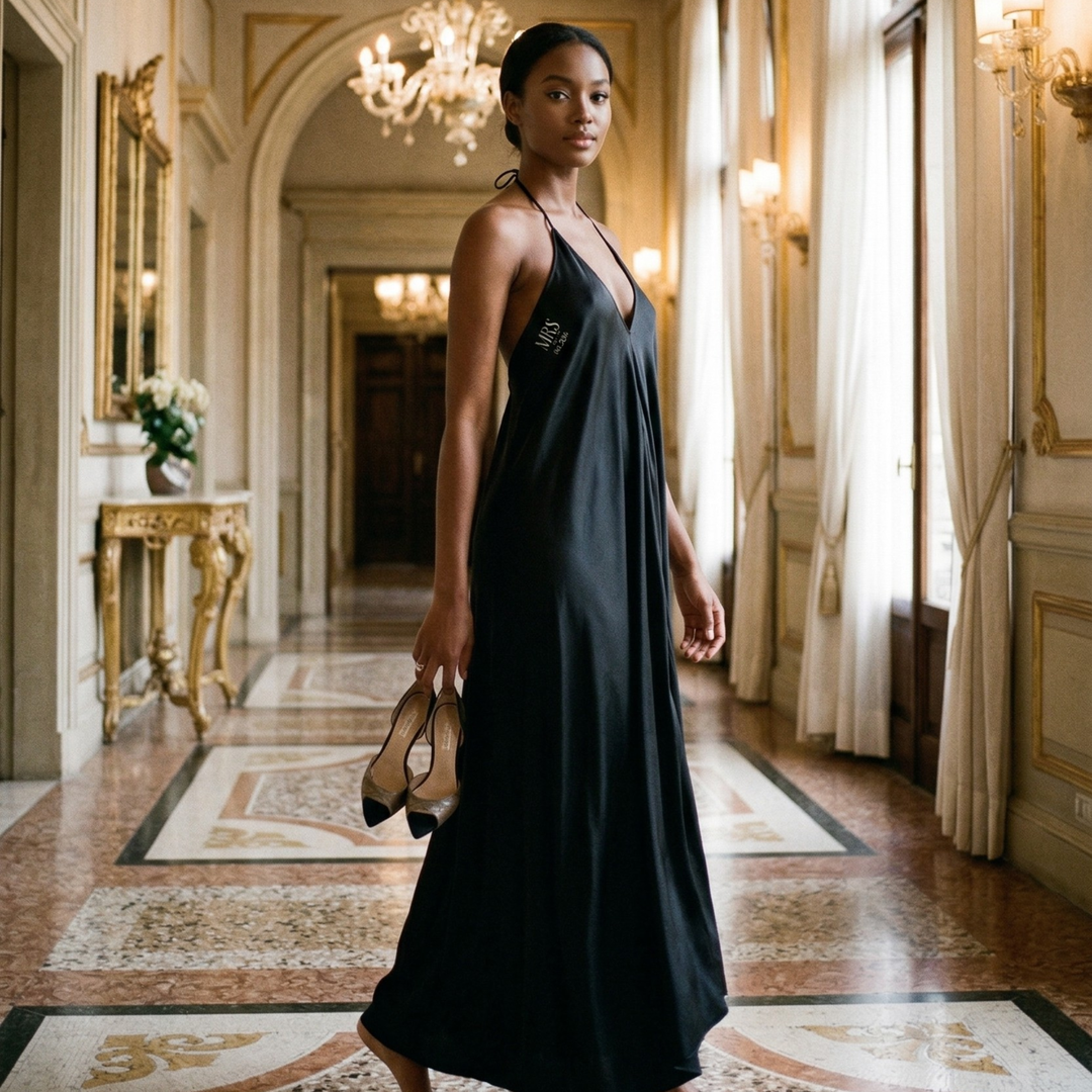 Midnight Union Halter Mrs est 2024 - Satin Backless Dress