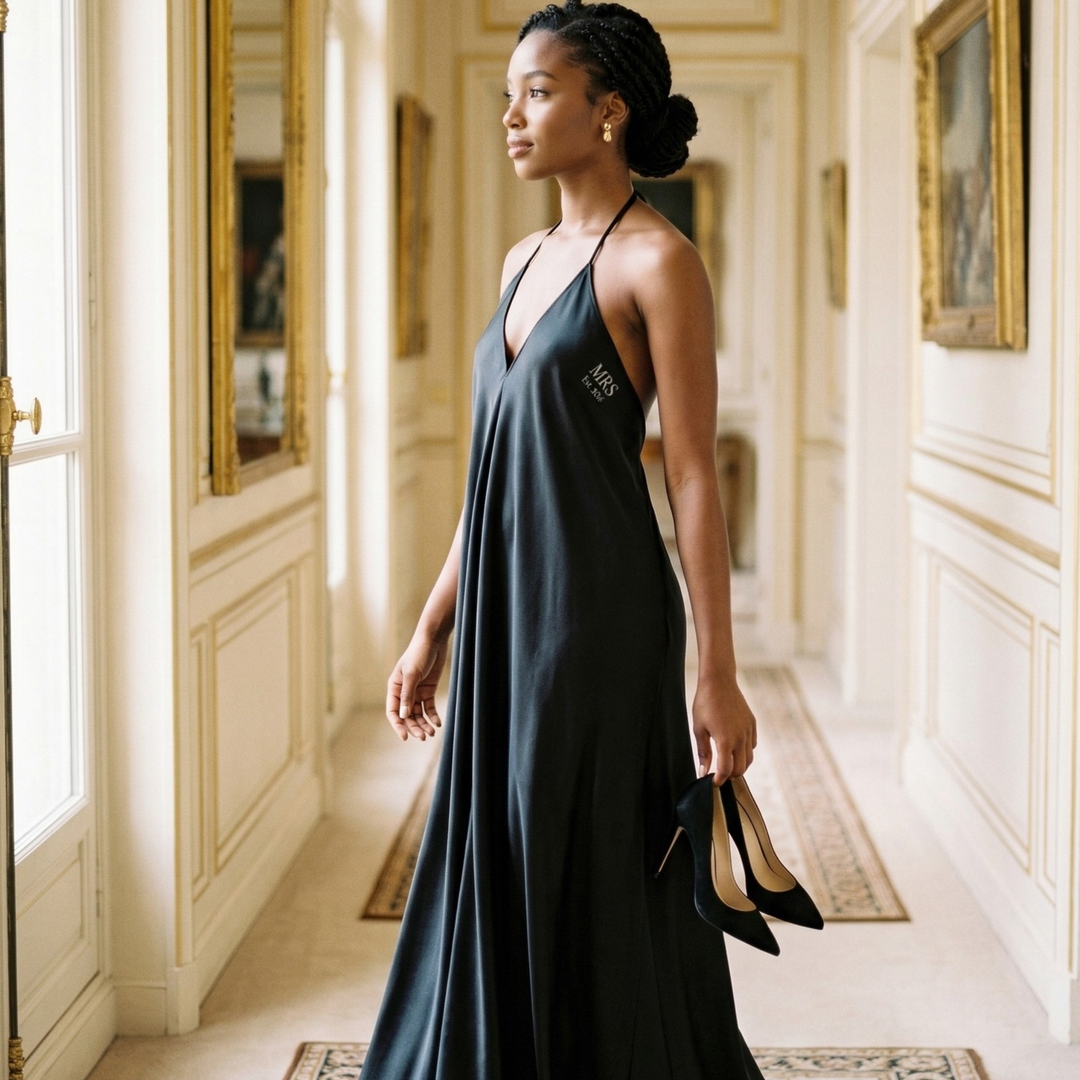 Midnight Union Halter Mrs est 2024 - Satin Backless Dress
