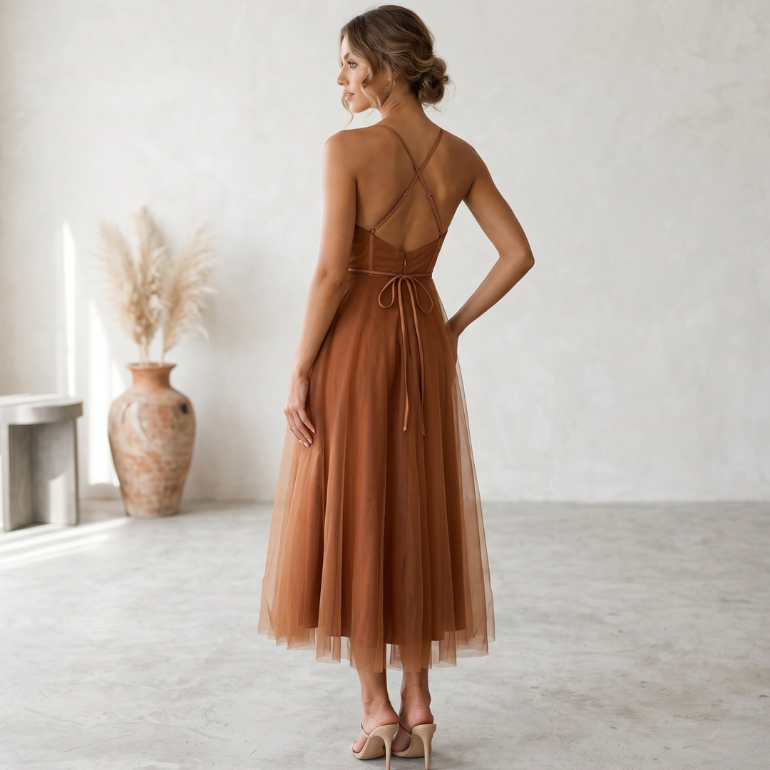 Copper Keepsake Crisscross Tulle Midi Bridesmaid Dress  —  Burnt Orange Destination Wedding Gown