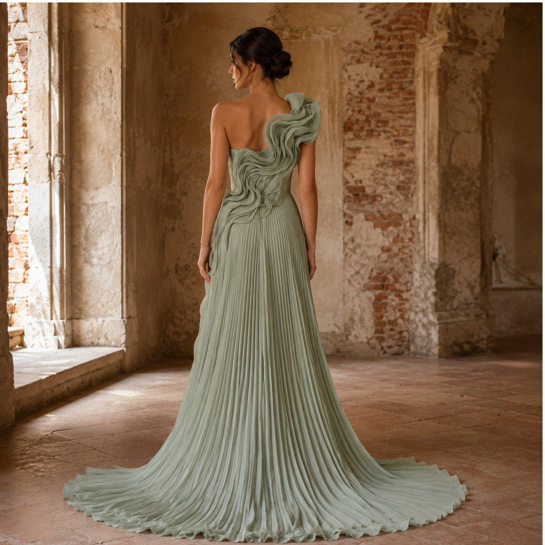 Sage Reverie Rosette Chiffon Evening Gown