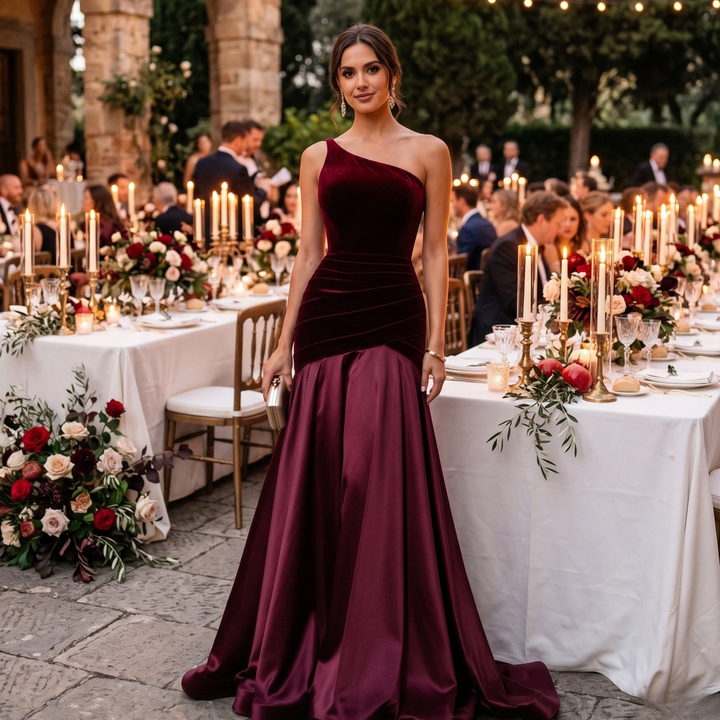 Crimson Promise One-Shoulder Velvet Satin Bridesmaid Gown  —  Destination Wedding Elegance