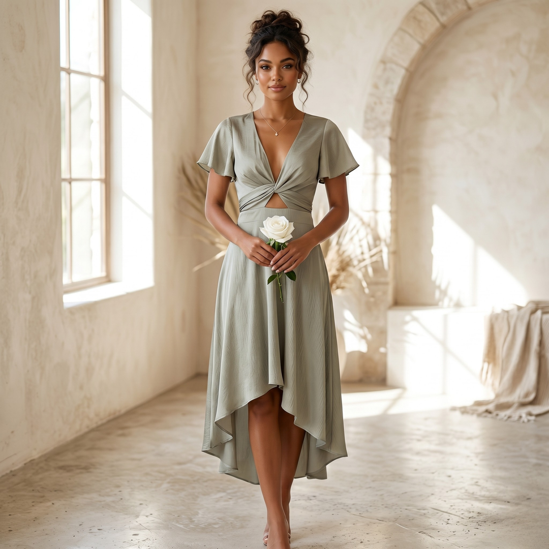 Sage Reverie Asymmetrical Tie-Back Bridesmaid Dress