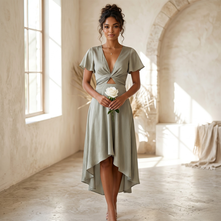 Sage Reverie Asymmetrical Tie-Back Bridesmaid Dress