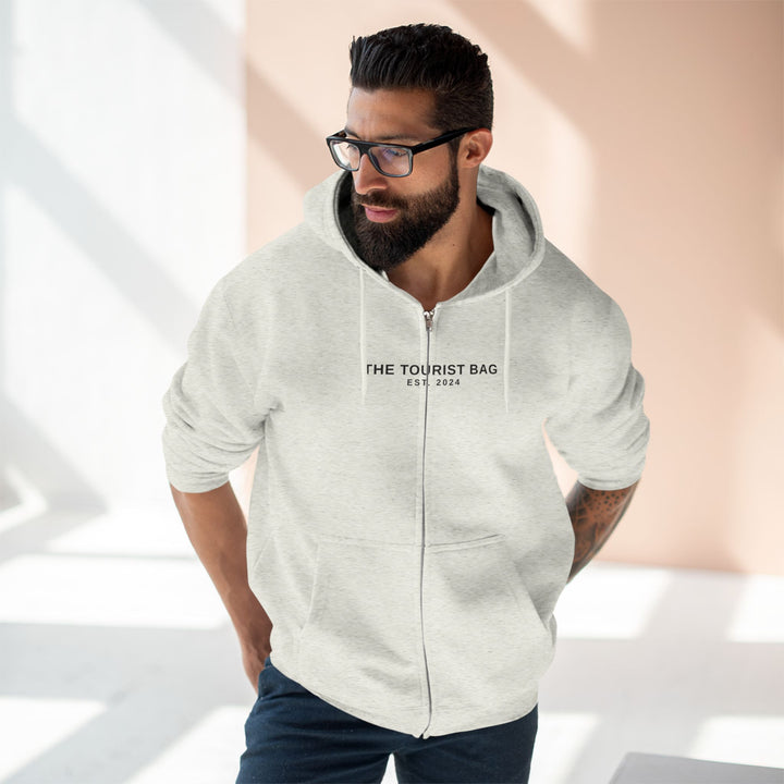 Embrace the Journey – Roadtrip Collage, Unisex Zip Hoodie (Oatmeal Heather)