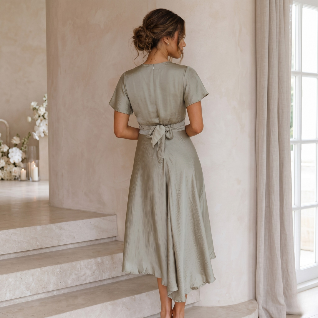 Sage Reverie Asymmetrical Tie-Back Bridesmaid Dress