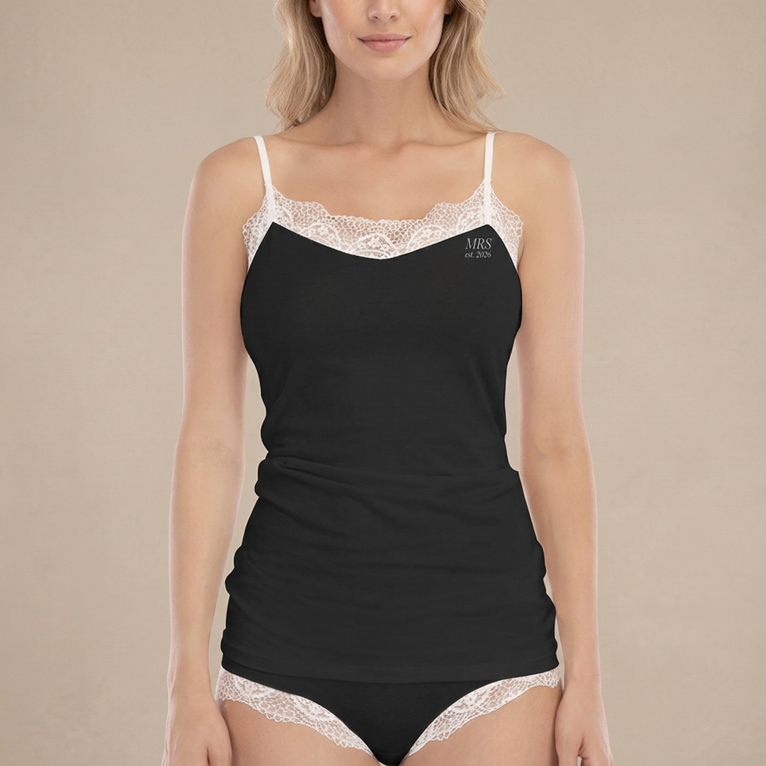 Midnight Union Mrs Est. 2026 Lace Trim Pajama Set  —  Bridal Sleepwear, Honeymoon Lingerie Set
