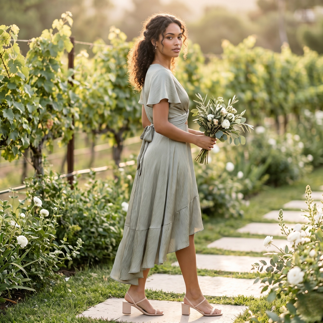 Sage Reverie Asymmetrical Tie-Back Bridesmaid Dress