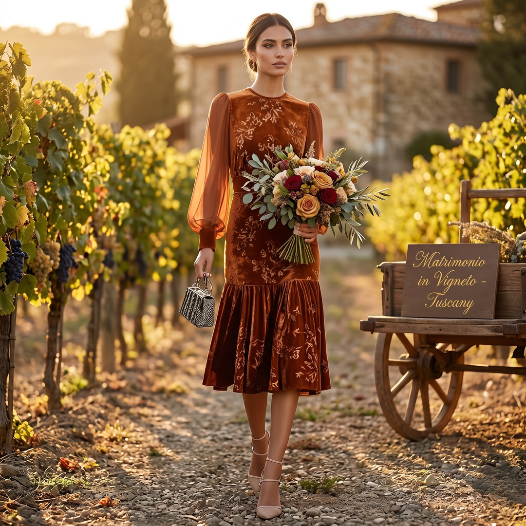 Copper Keepsake Velvet Floral Midi Bridesmaid Dress  —  Burnt Orange Sheer Sleeve Destination Wedding Gown