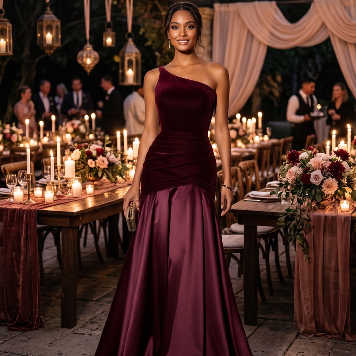 Crimson Promise One-Shoulder Velvet Satin Bridesmaid Gown  —  Destination Wedding Elegance