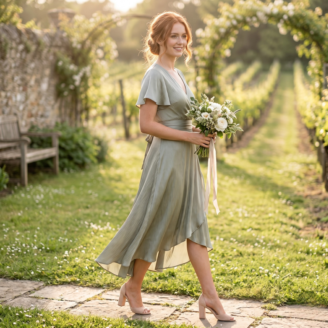 Sage Reverie Asymmetrical Tie-Back Bridesmaid Dress