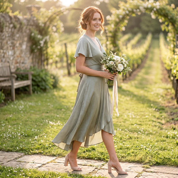 Sage Reverie Asymmetrical Tie-Back Bridesmaid Dress
