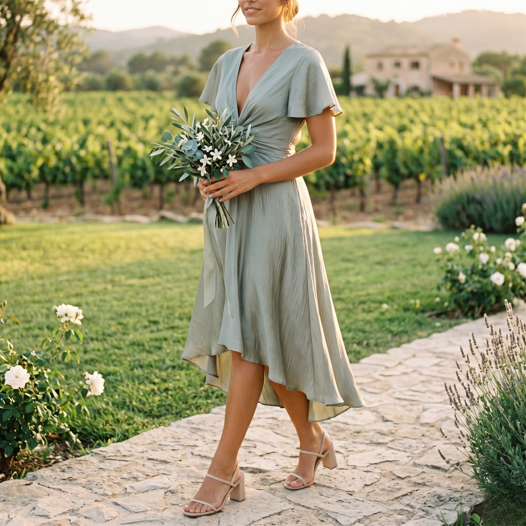 Sage Reverie Asymmetrical Tie-Back Bridesmaid Dress