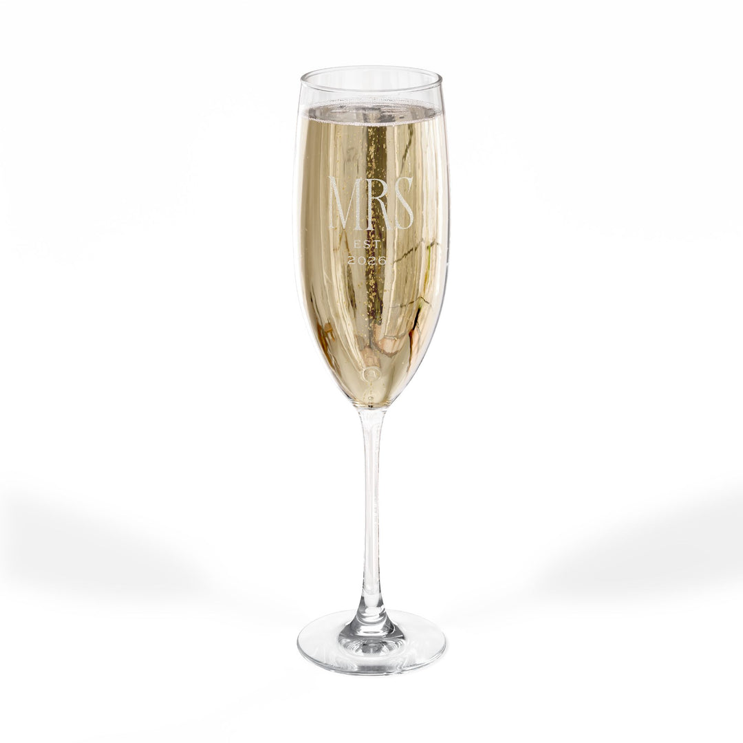 Pearl Union Mrs Est. 2026 Engraved Champagne Flute  —  Bridal Wedding & Honeymoon Toast Glass