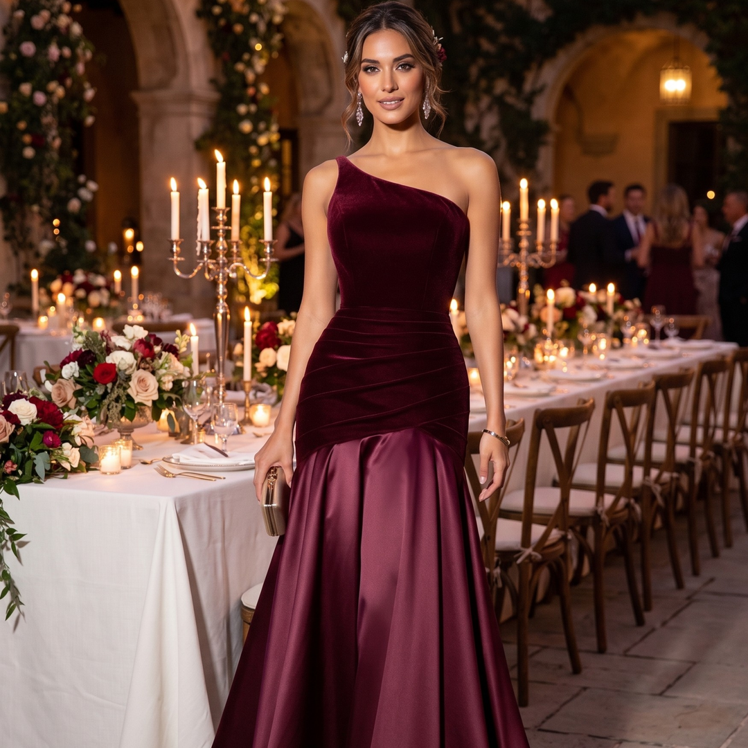Crimson Promise One-Shoulder Velvet Satin Bridesmaid Gown  —  Destination Wedding Elegance