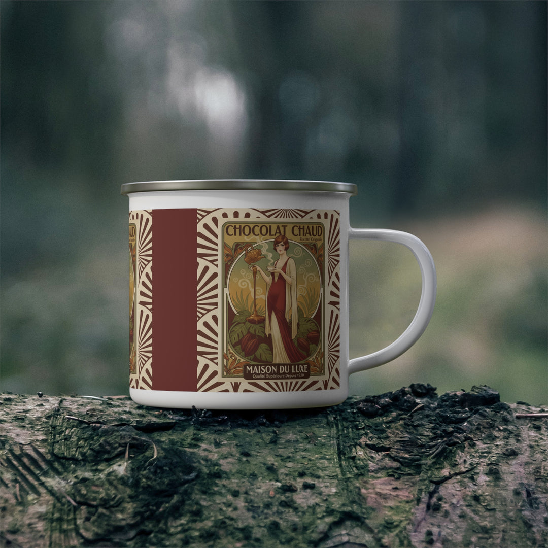 Chocolat Chaud Élégance Enamel Camping Mug | Vintage French Hot Chocolate Art Cup