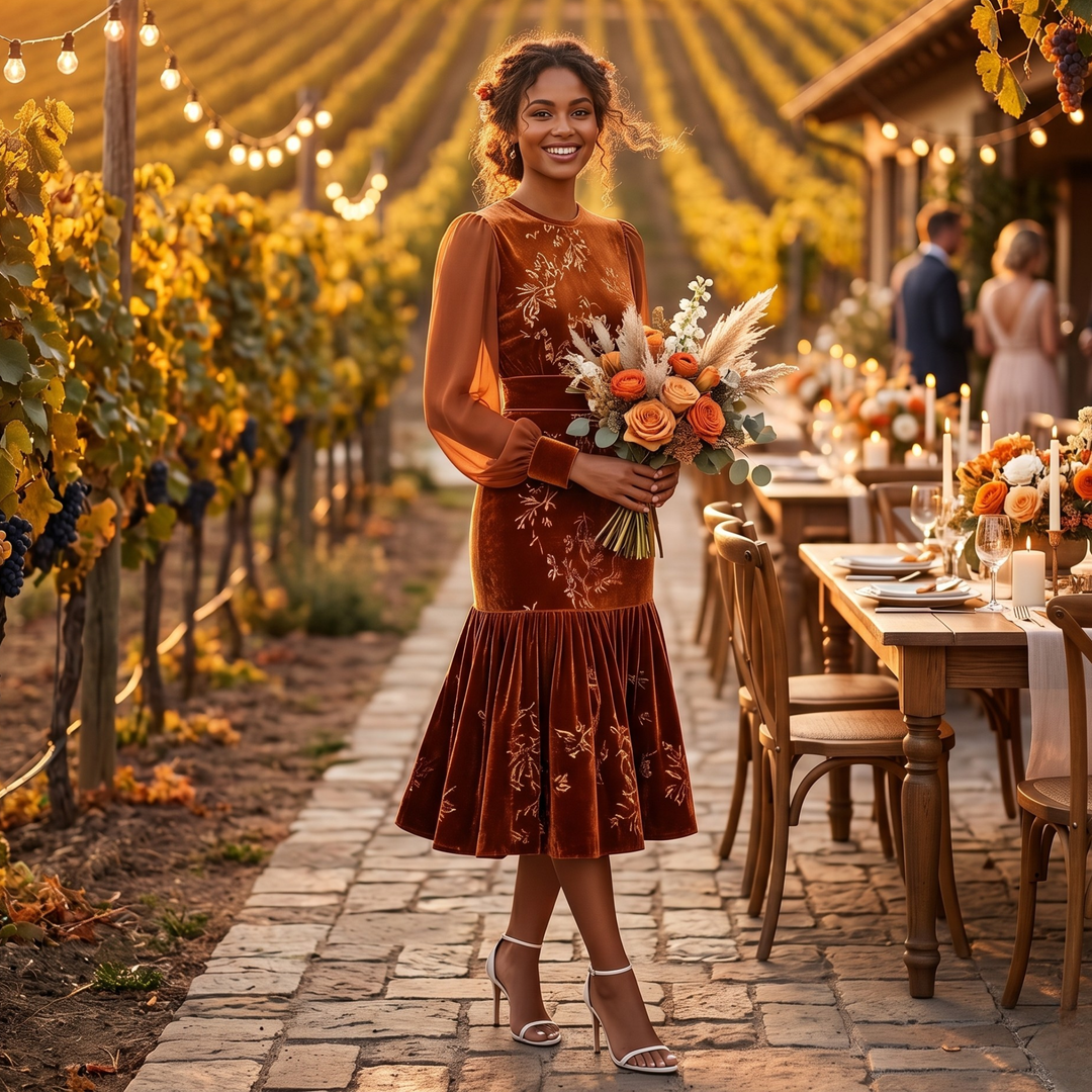 Copper Keepsake Velvet Floral Midi Bridesmaid Dress  —  Burnt Orange Sheer Sleeve Destination Wedding Gown