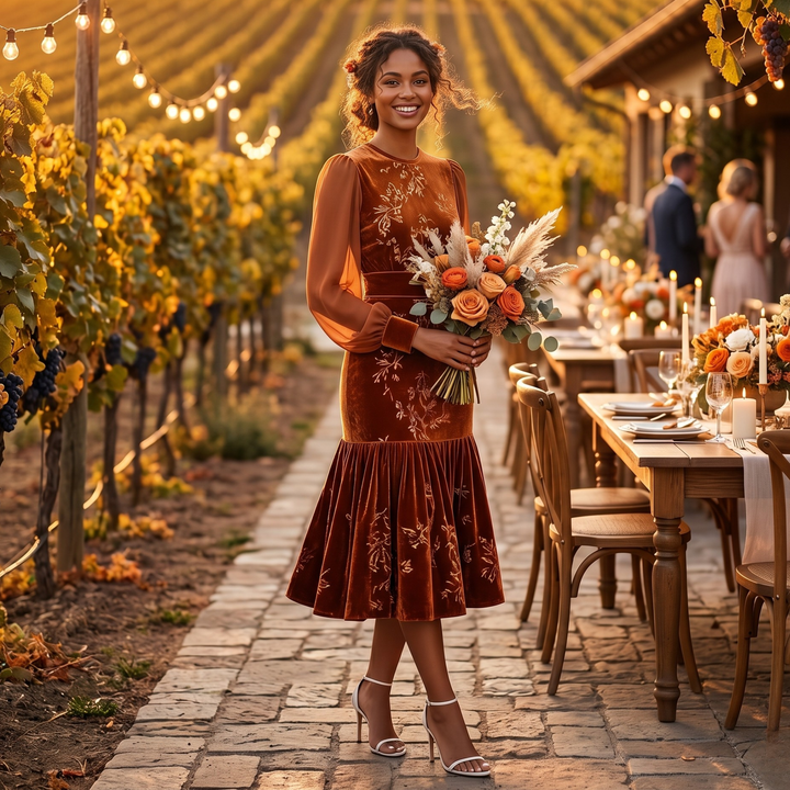 Copper Keepsake Velvet Floral Midi Bridesmaid Dress  —  Burnt Orange Sheer Sleeve Destination Wedding Gown