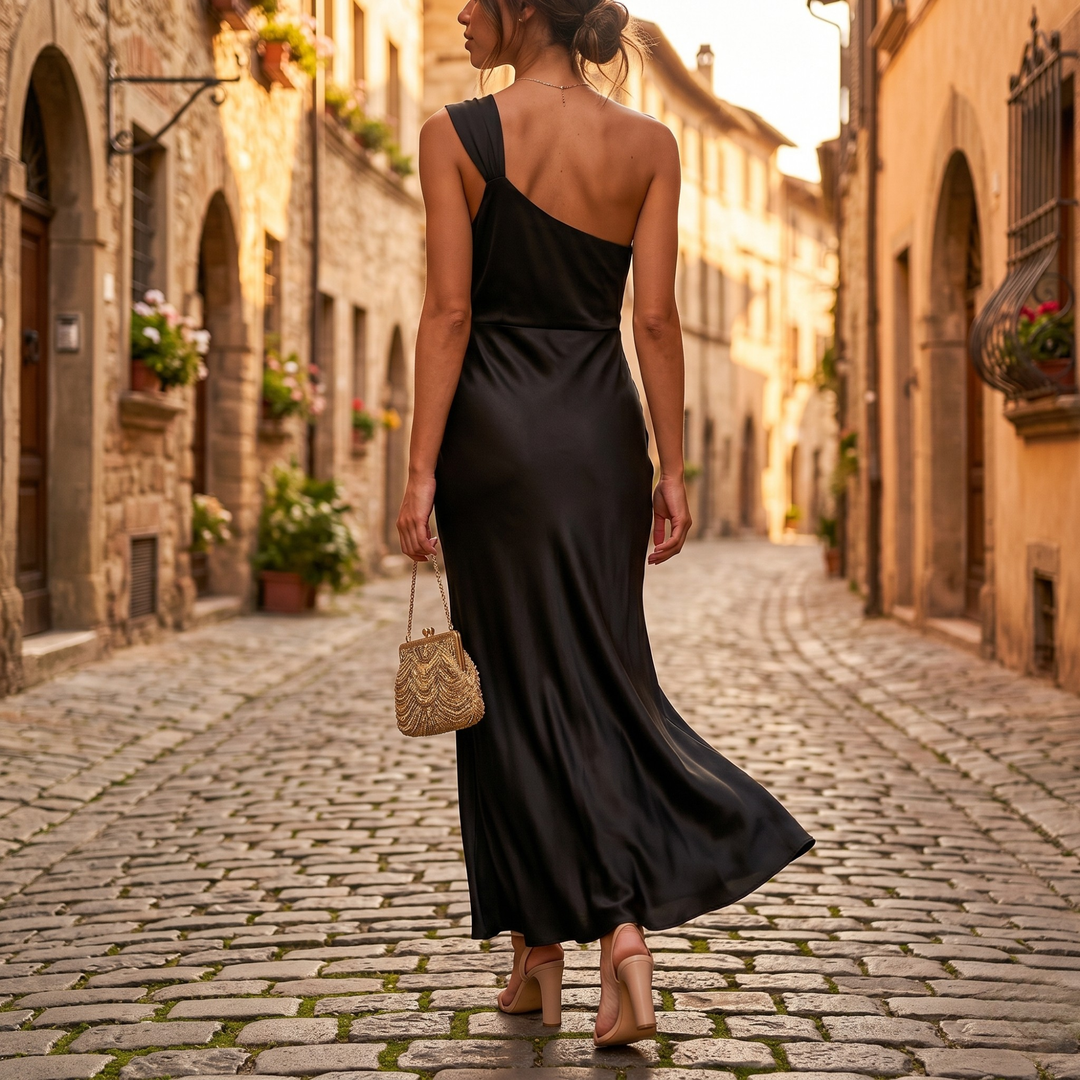 Midnight Union Silkline One-Shoulder Gown Minimalist Black Bridal Dress for Honeymoon & Destination Weddings