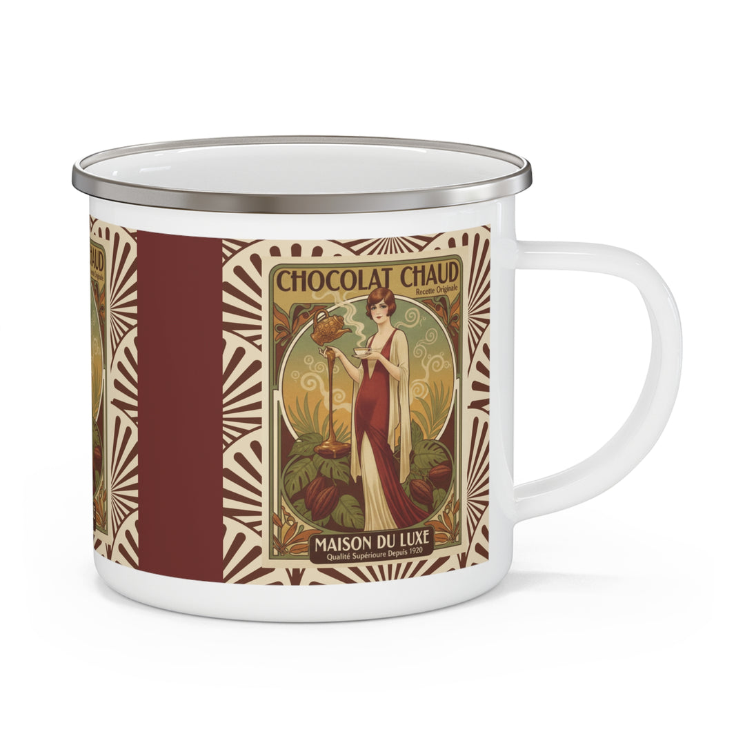 Chocolat Chaud Élégance Enamel Camping Mug | Vintage French Hot Chocolate Art Cup
