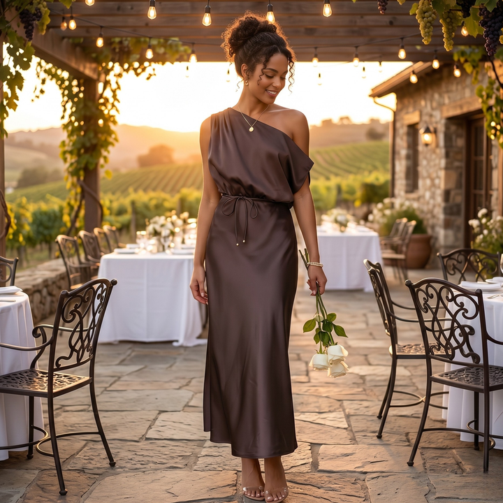Chocolate Amour One-Shoulder Satin Drape Bridesmaid Dress  —  Destination Wedding Elegance