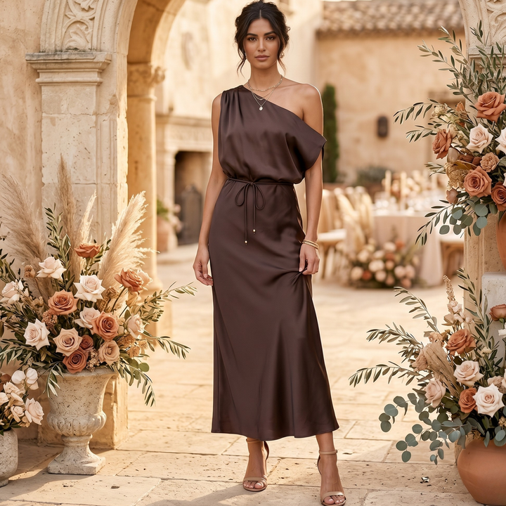 Chocolate Amour One-Shoulder Satin Drape Bridesmaid Dress  —  Destination Wedding Elegance