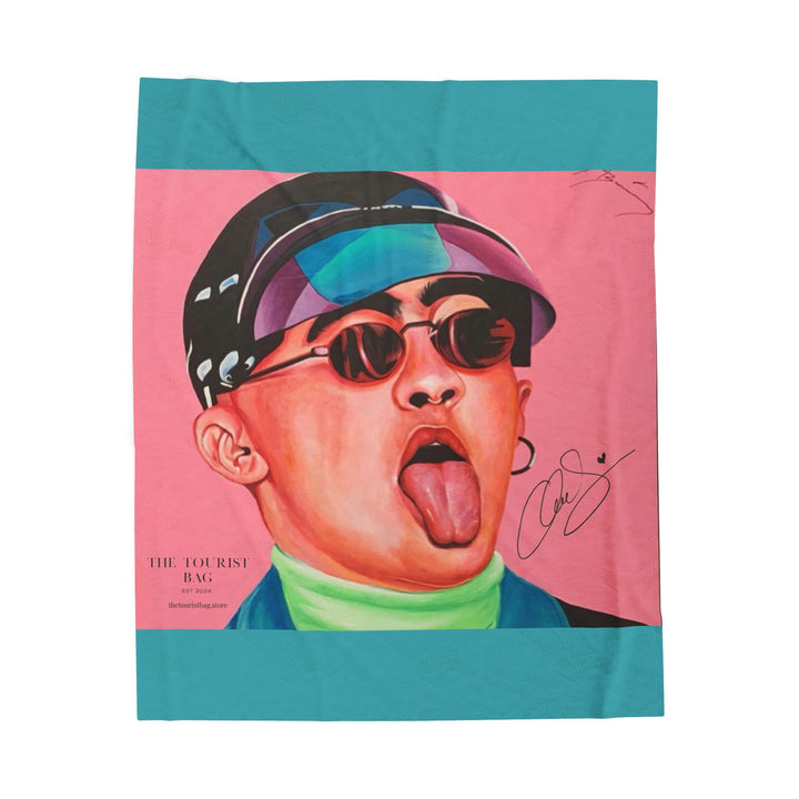 Signature Portrait Teal Velveteen Plush Blanket (Inspired by BadBunny) product image from The Tourist Bag