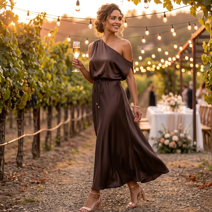 Chocolate Amour One-Shoulder Satin Drape Bridesmaid Dress  —  Destination Wedding Elegance