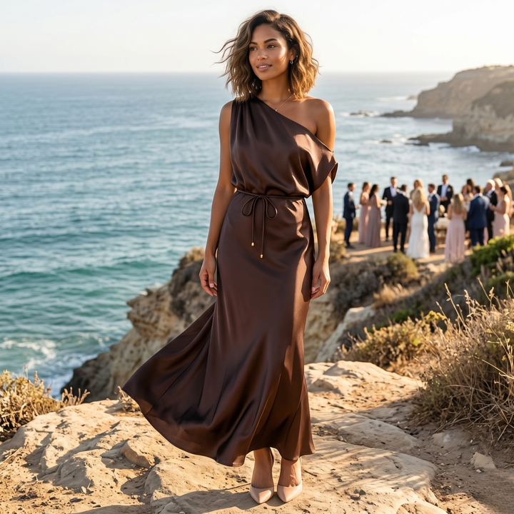 Chocolate Amour One-Shoulder Satin Drape Bridesmaid Dress  —  Destination Wedding Elegance
