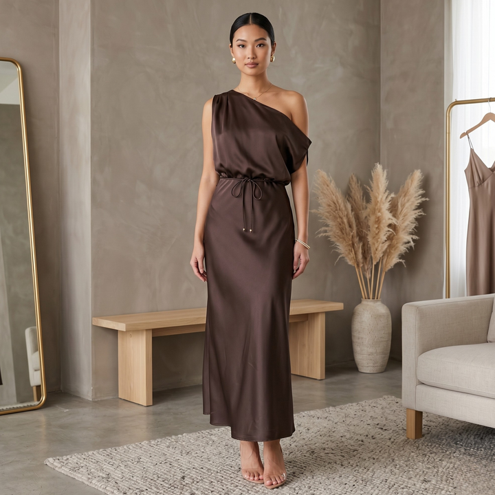 Chocolate Amour One-Shoulder Satin Drape Bridesmaid Dress  —  Destination Wedding Elegance