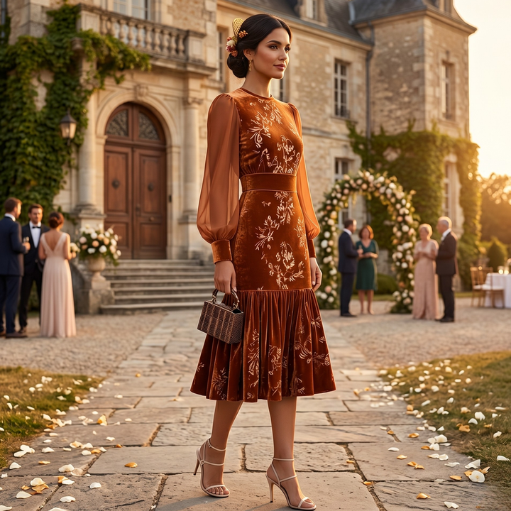 Copper Keepsake Velvet Floral Midi Bridesmaid Dress  —  Burnt Orange Sheer Sleeve Destination Wedding Gown