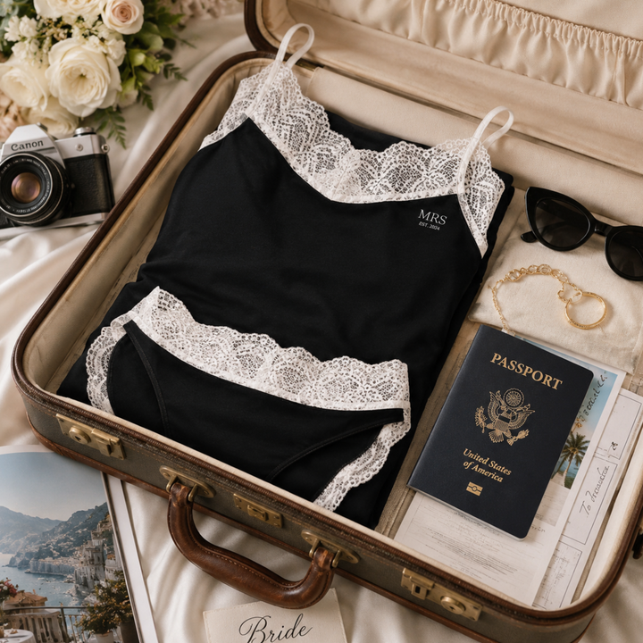 Midnight Union Mrs Est. 2026 Lace Trim Pajama Set - Black