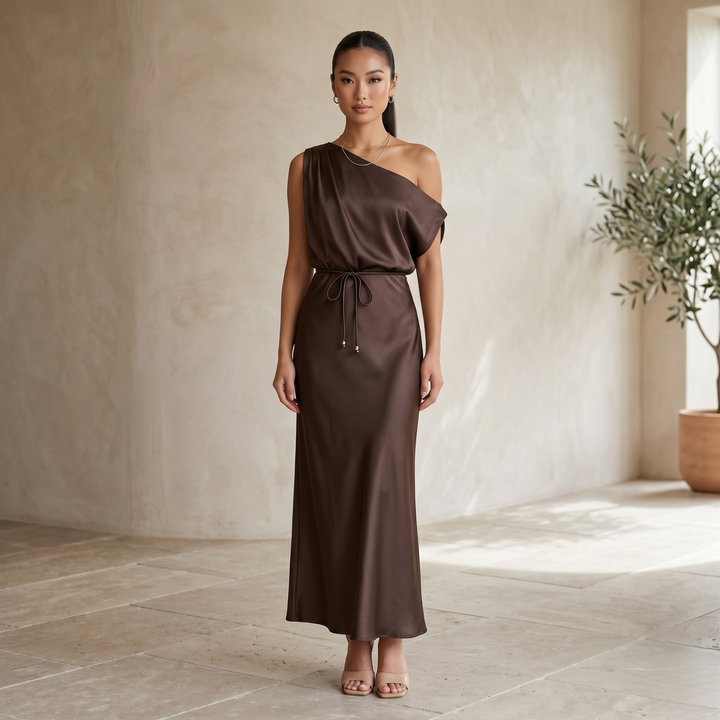 Chocolate Amour One-Shoulder Satin Drape Bridesmaid Dress  —  Destination Wedding Elegance