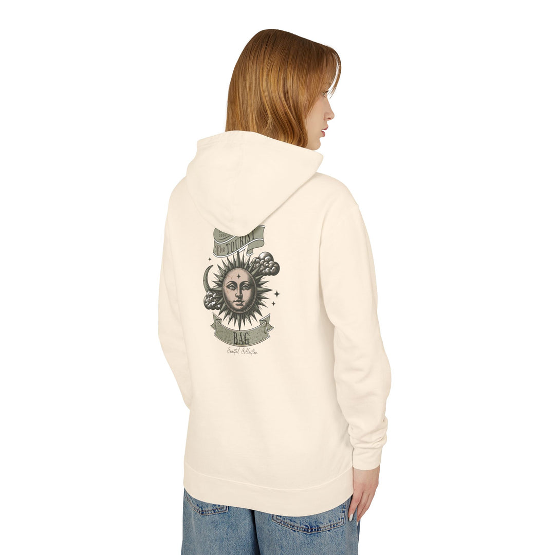 Tides of the Sun & Sea Hoodie – Coastal Celestial Emblem, Unisex Lightweight Hooded Sweatshirt (Ivory)