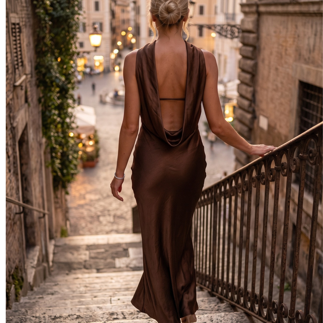 Chocolate Amour Strapless Satin Column Bridesmaid Dress with Draped Cowl Back