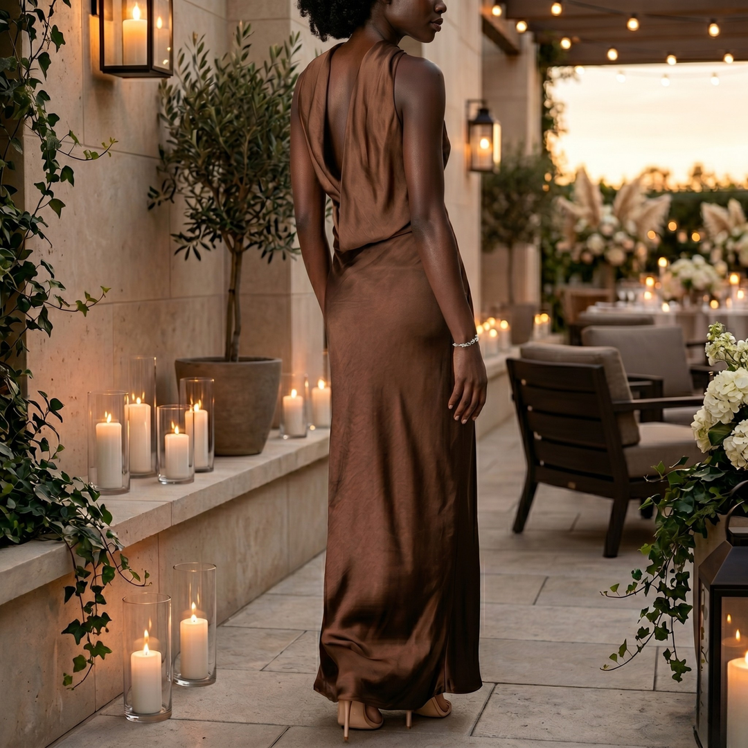Chocolate Amour Strapless Satin Column Bridesmaid Dress with Draped Cowl Back