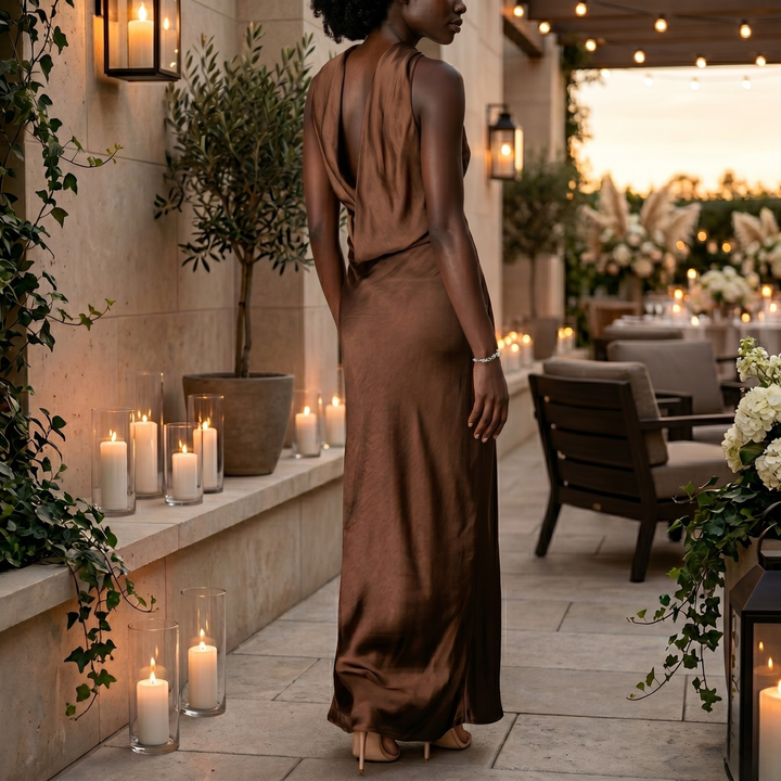 Chocolate Amour Strapless Satin Column Bridesmaid Dress with Draped Cowl Back