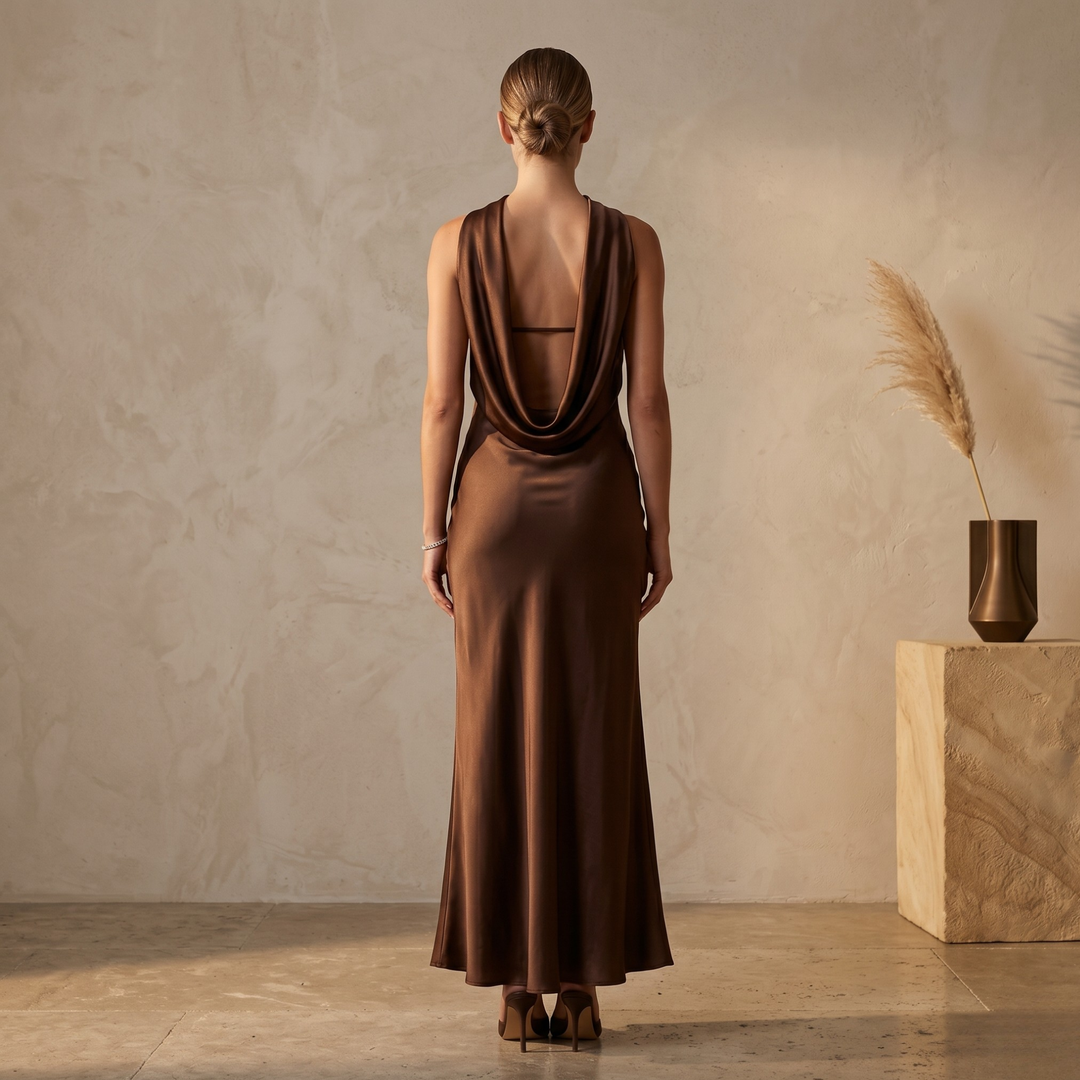 Chocolate Amour Strapless Satin Column Bridesmaid Dress with Draped Cowl Back