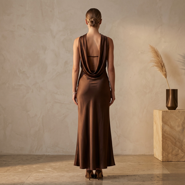 Chocolate Amour Strapless Satin Column Bridesmaid Dress with Draped Cowl Back