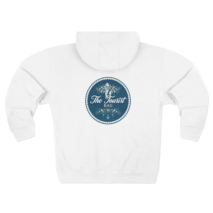 Siren of the Harbor Hoodie – Mermaid Nautical Emblem, Unisex Zip Hoodie (White)