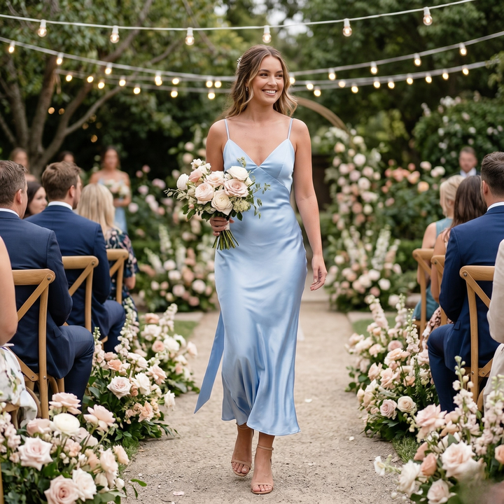 Azure Reverie Back-Tie Satin Slip Gown