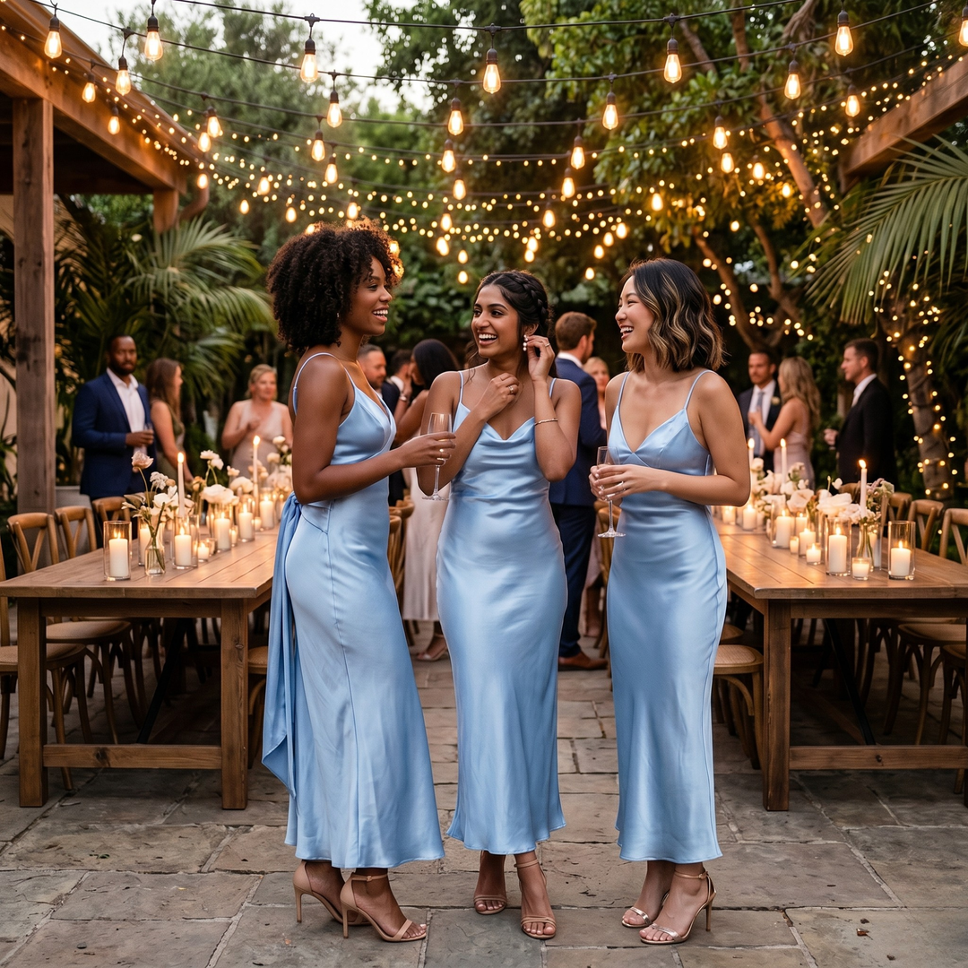 Azure Reverie Back-Tie Satin Slip Gown