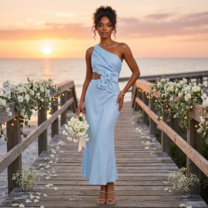 Azure Reverie One-Shoulder Cutout Floral Gown