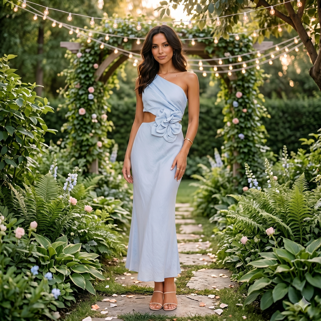 Azure Reverie One-Shoulder Cutout Floral Gown