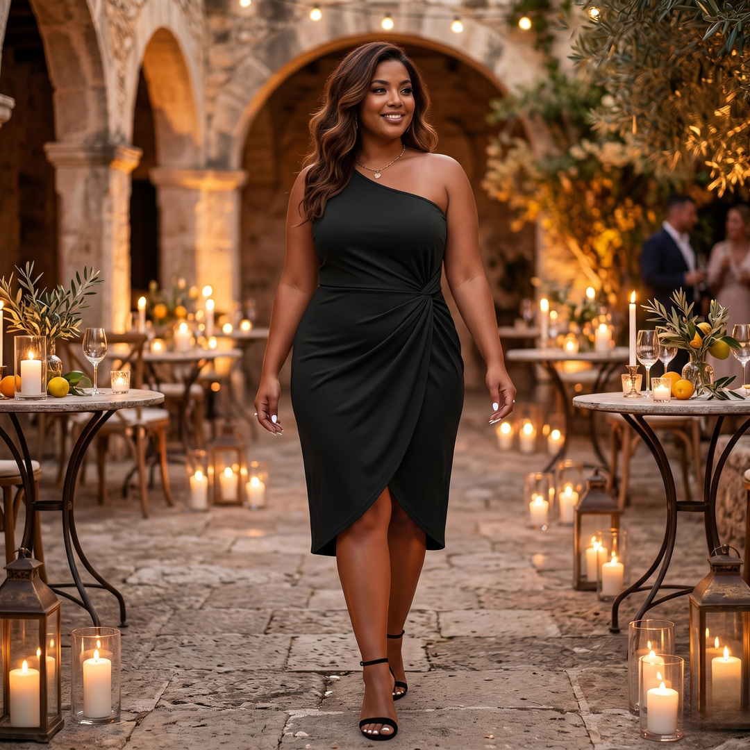 Midnight Union Curve One-Shoulder Twist Dress Plus Size Black Bridal & Honeymoon Evening Dress