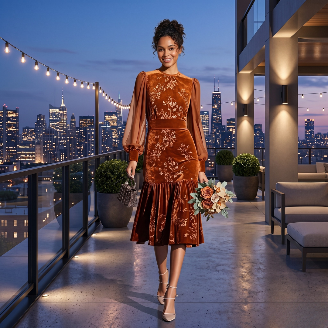 Copper Keepsake Velvet Floral Midi Bridesmaid Dress  —  Burnt Orange Sheer Sleeve Destination Wedding Gown