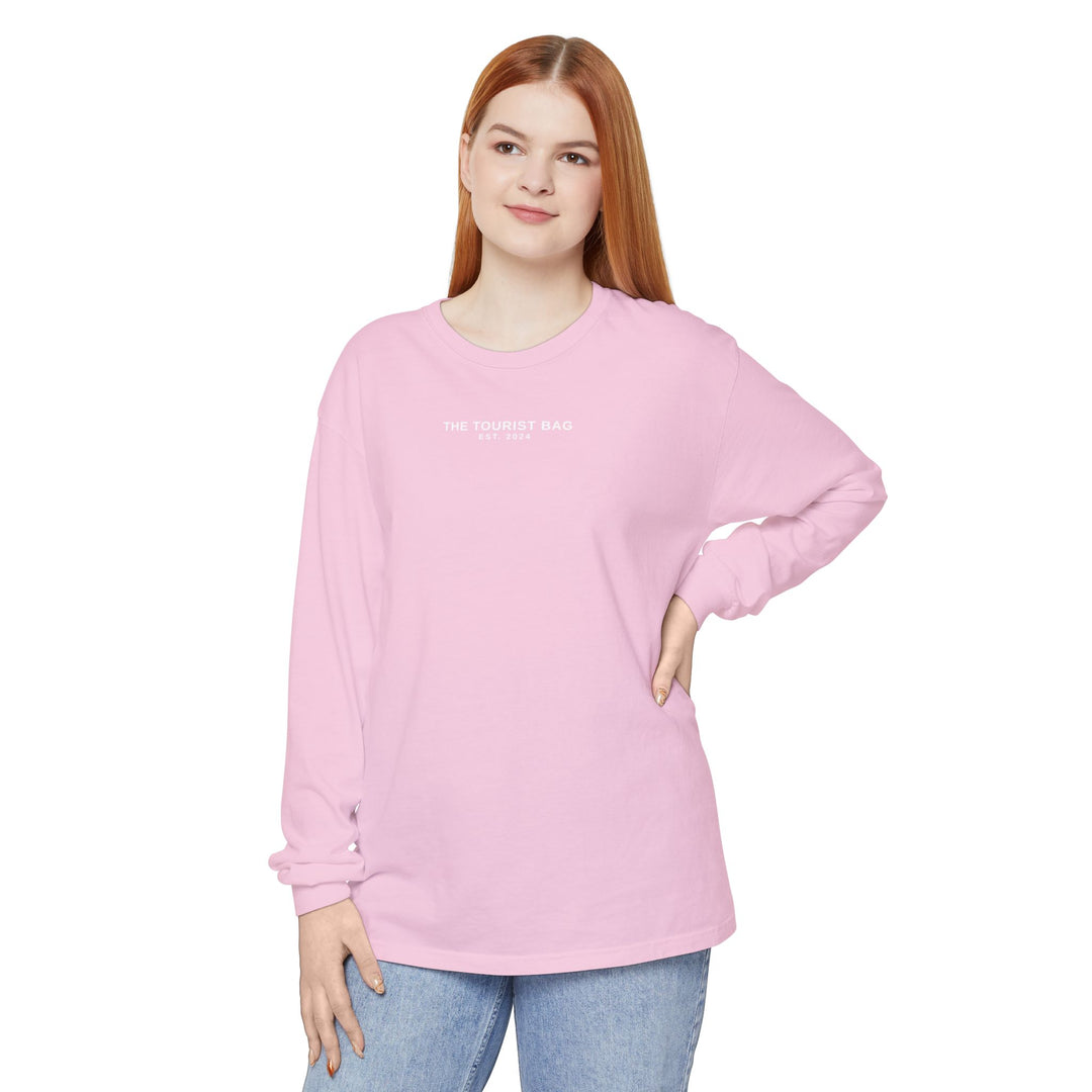 Blush Tides Flamingo Emblem, Unisex Garment-dyed Long Sleeve T-Shirt (Pink)