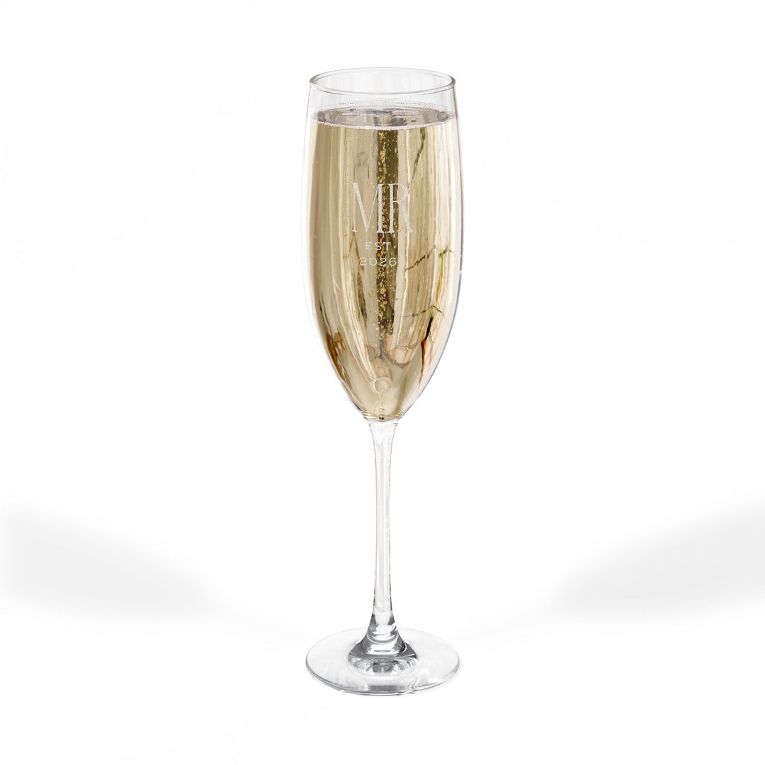 Pearl Union Mr Est. 2026 Engraved Champagne Flute  —  Groom Wedding & Honeymoon Toast Glass