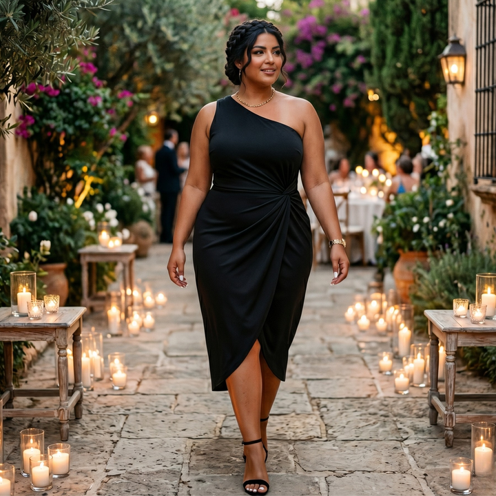 Midnight Union Curve One-Shoulder Twist Dress Plus Size Black Bridal & Honeymoon Evening Dress