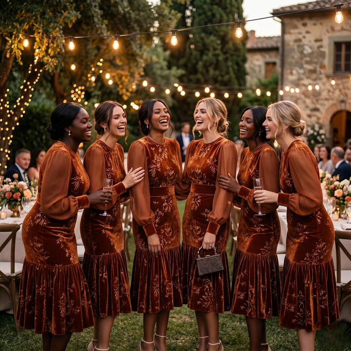 Copper Keepsake Velvet Floral Midi Bridesmaid Dress  —  Burnt Orange Sheer Sleeve Destination Wedding Gown